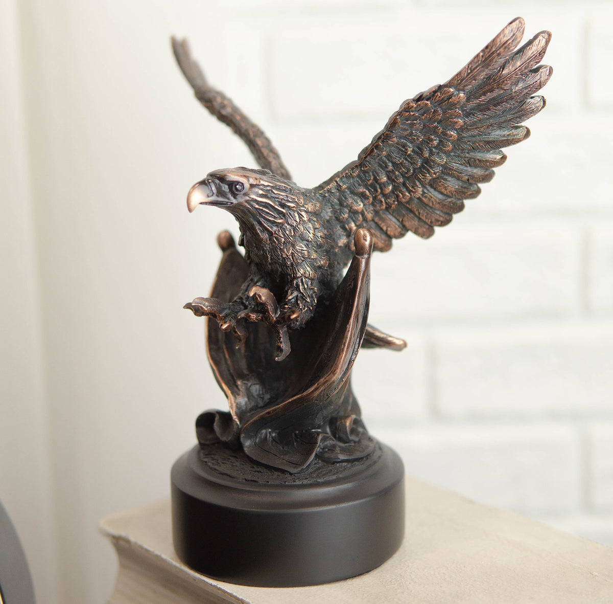 Ebros Majestic Wings of Glory Bald Eagle Swooping On American Flag Statue - Ebros Gift