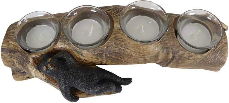 Ebros Black Bear Sleeping On A Log with 4 Votive Candles Holder Stand 12"L