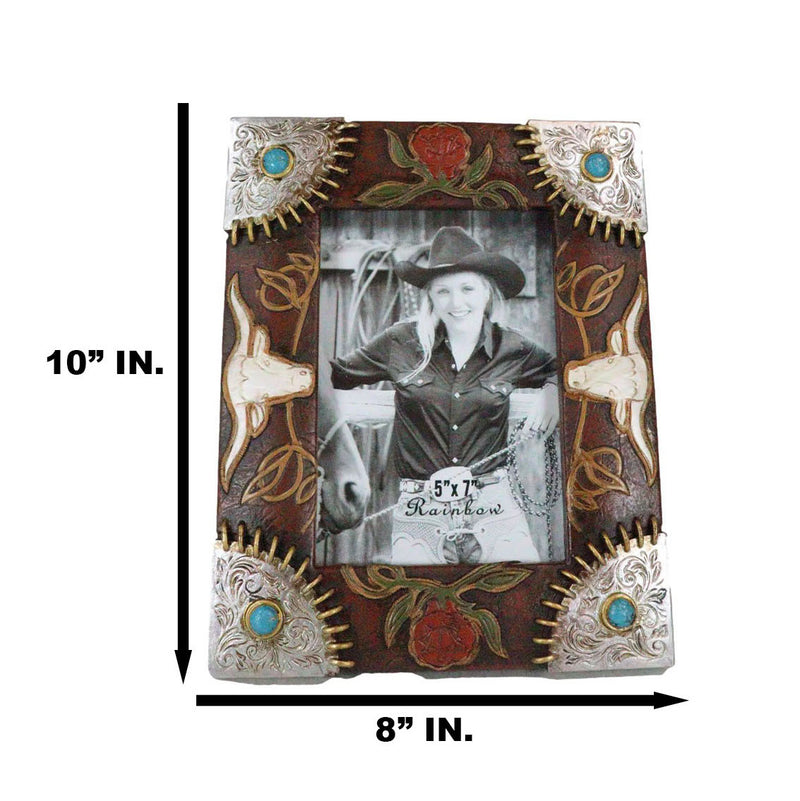 Rustic Western Longhorns Silver Conchos Turquoise Gems Picture Photo Frame 4"X6"