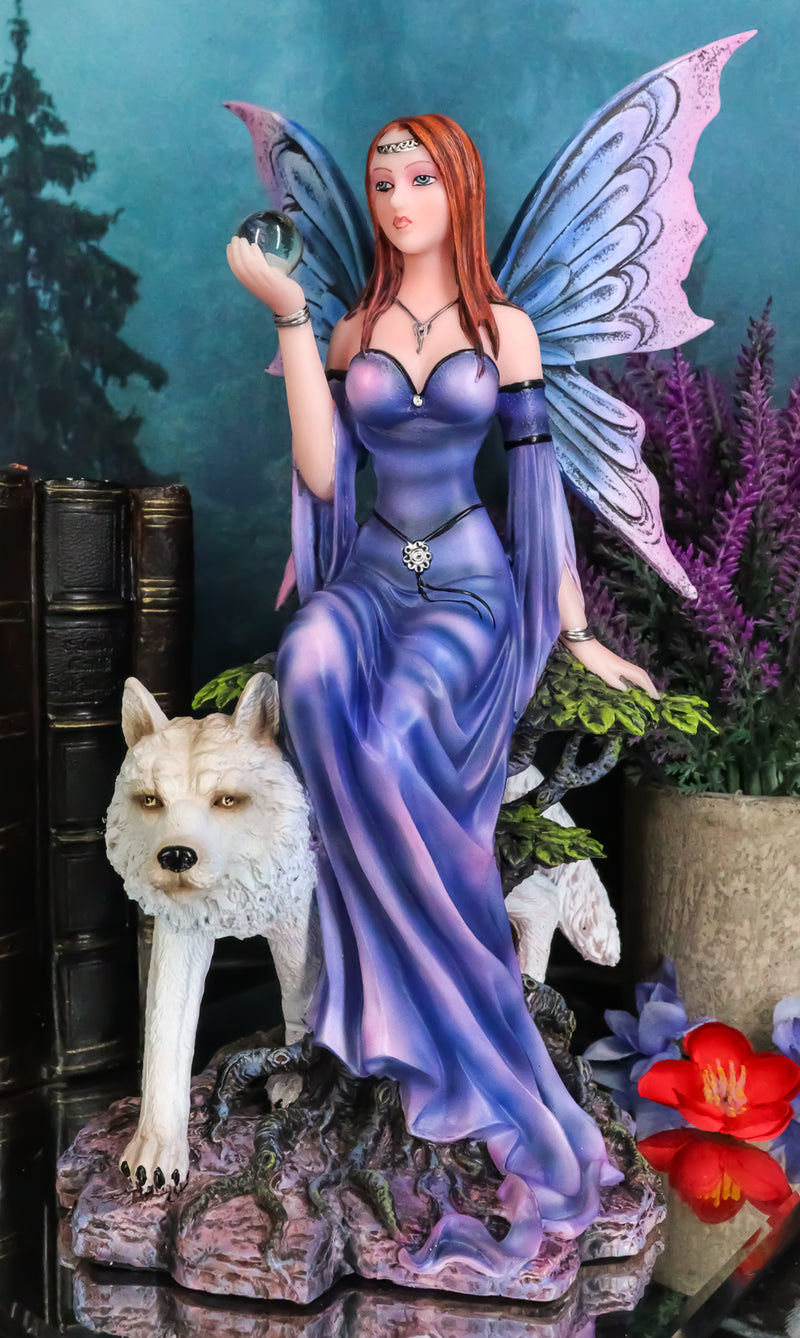 Purple Pearl Wishing Fairy On Tree Of Life With Giant Winter Snow Wolf Figurine