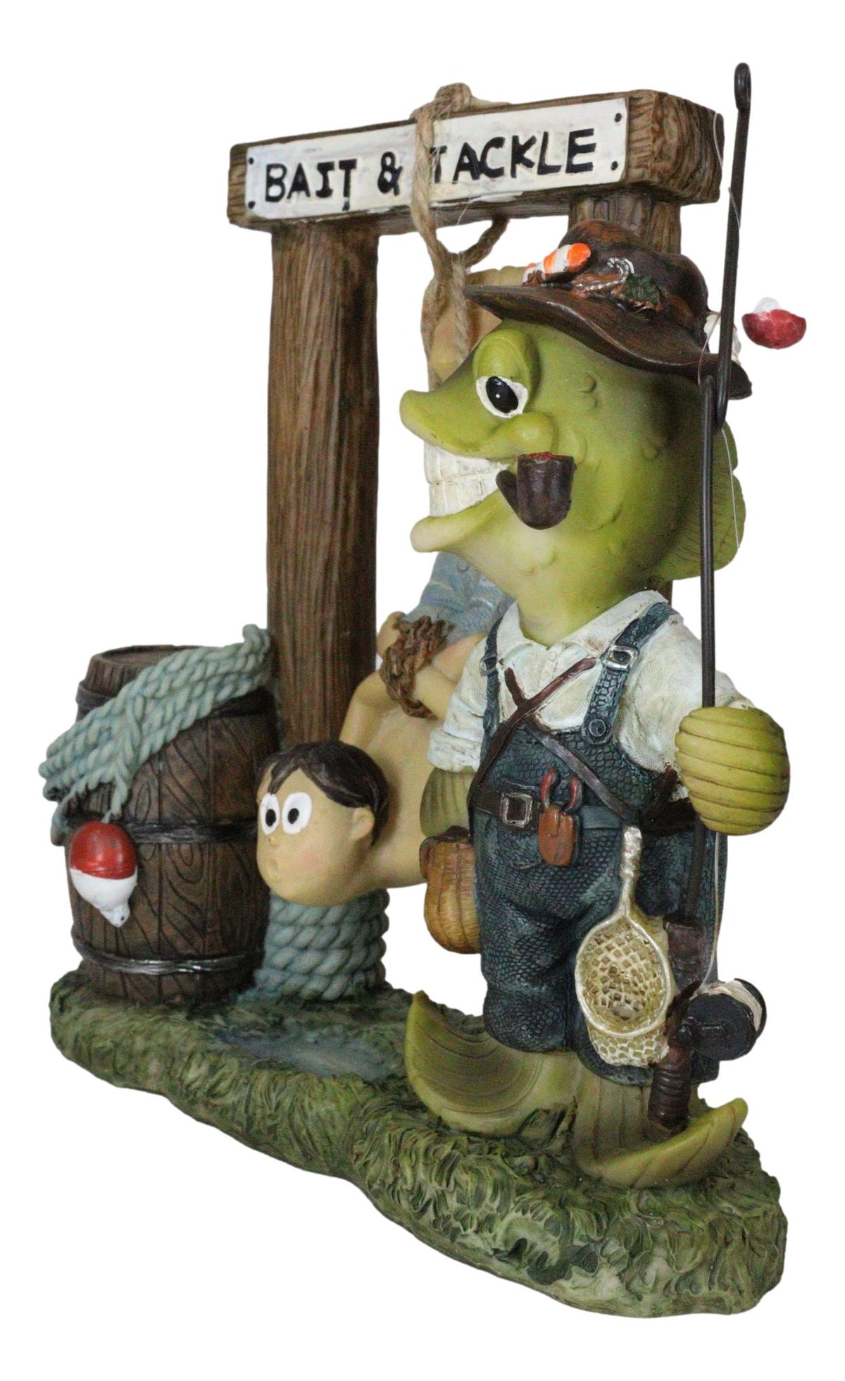Bait And Tackle Wharf Sea Bass Fish With Fishing Pole Tied Up Fisherman Figurine - Ebros Gift