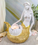 Ebros Under The Sea Golden Mermaid Candle Holder Statue 6.75" Tall Nautical Mermaid Holding Oyster Shells Figurine