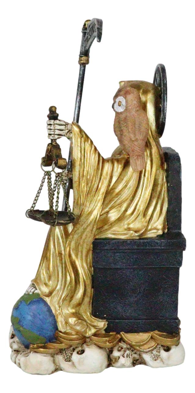 Seated Gold Santa Muerte With Scythe Scales of Justice And Wise Owl Figurine 9"H