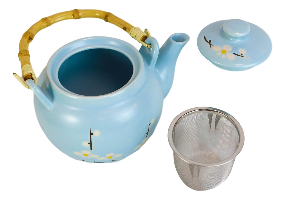 Japanese Sakura Cherry Blossom Branches Pastel Blue Ceramic Tea Pot Teapot 40oz