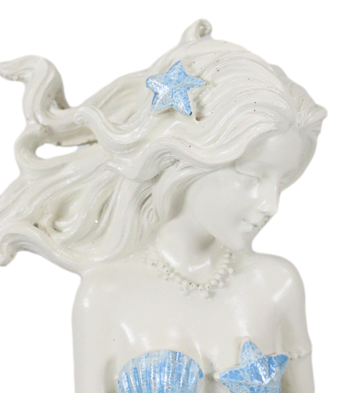 Nautical Ocean Goddess Pretty Mermaid With Blue Tail Holding Pearl Shell Statue
