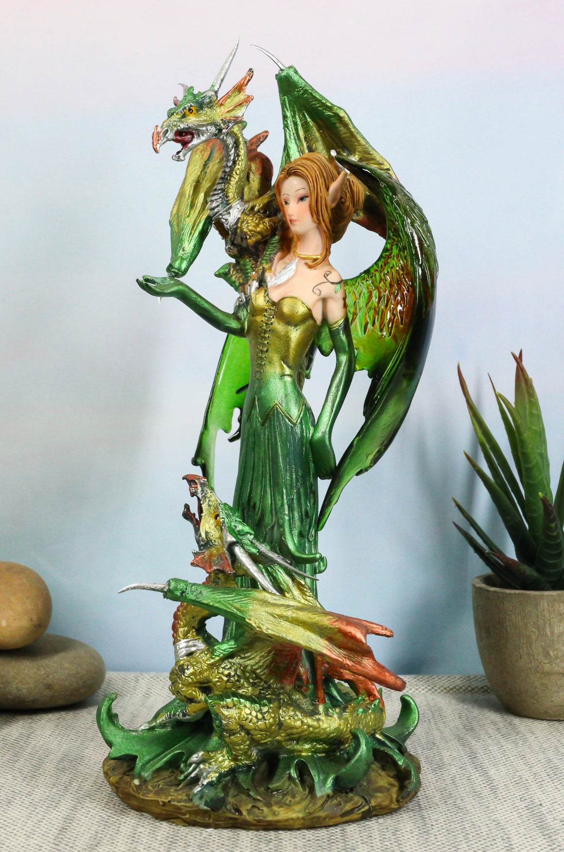 Ebros Gift Emerald Elf Fairy With 2 Green Guardian Dragons Figurine 9"H