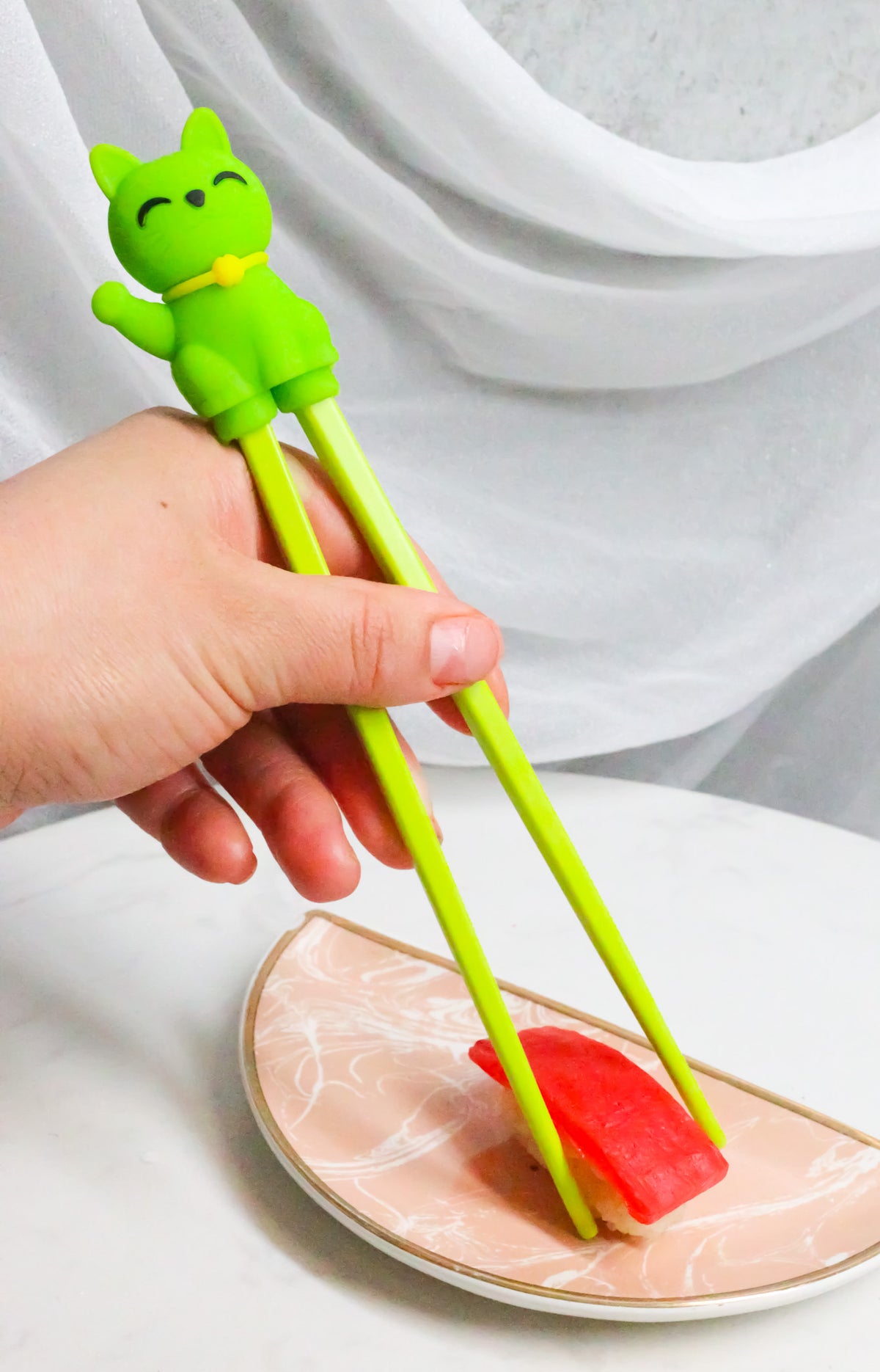 Green Maneki Neko Lucky Cat Reusable Training Chopsticks Set W/ Silicone Helper - Ebros Gift