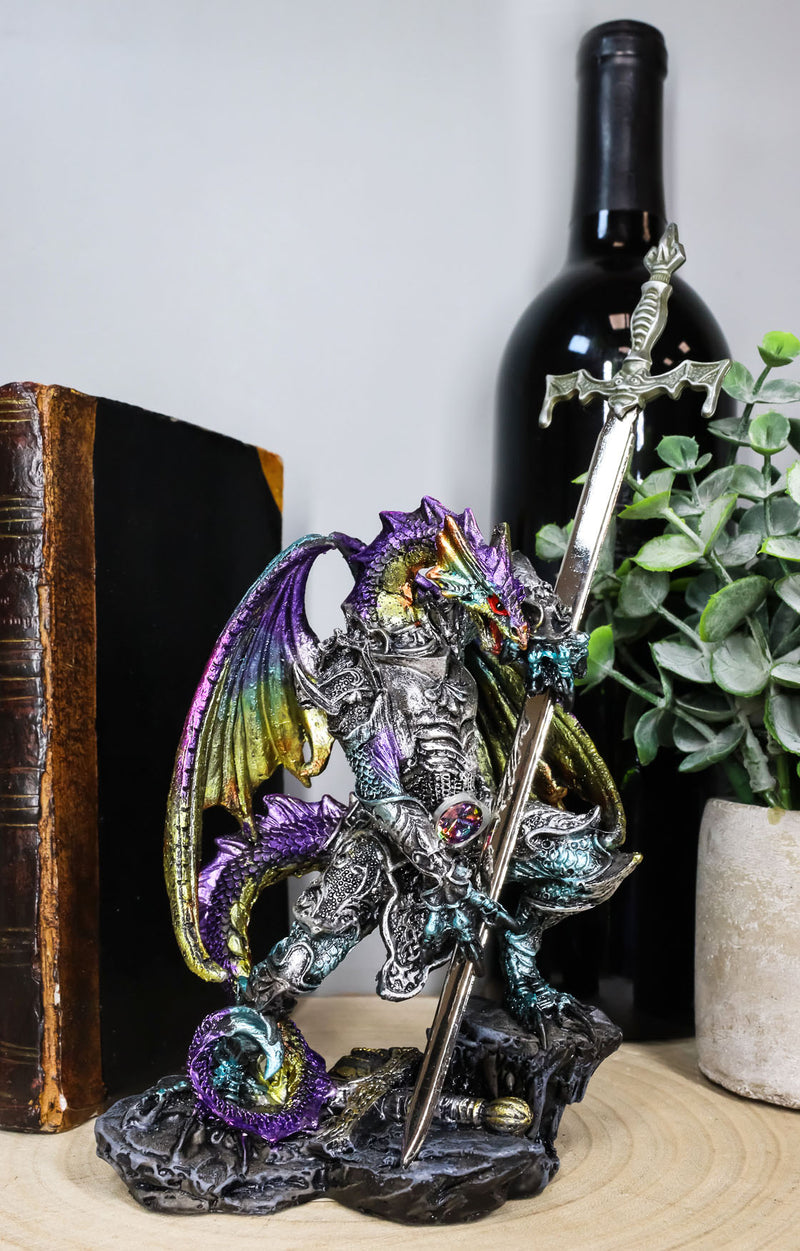 Ebros Aurora Borealis Elemental Dragon With Armor And Long Sword Letter Opener Statue