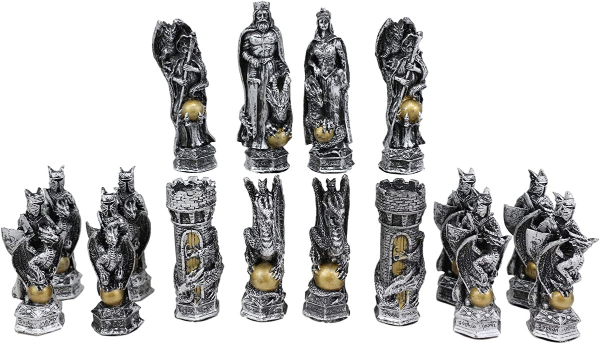 Ebros Silver and Gold King Arthur Merlin Dragons Chess Pieces with Board Set - Ebros Gift