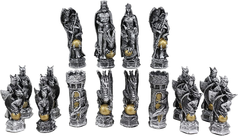 Ebros Silver and Gold King Arthur Merlin Dragons Chess Pieces with Board Set