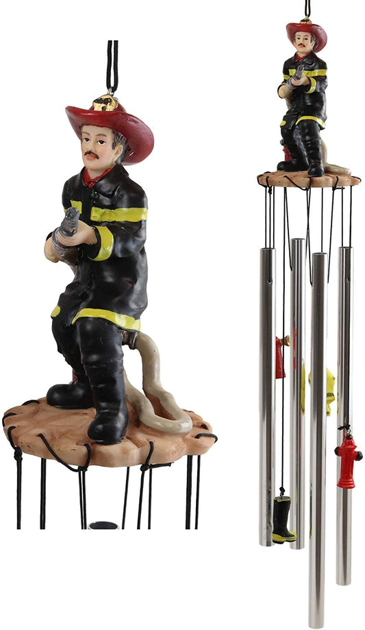 In Line of Duty Fireman With Fire Hose By Red Hydrant Wind Chime Garden Decor - Ebros Gift