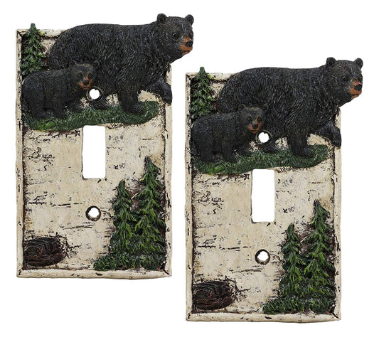 Ebros Set of 2 Rustic Pine Trees Black Mother Bear & Cub Wall Light Cover Plate