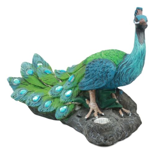 Ebros Decorative Iridescent Peacock With Blue Gemstones Solar LED Light Statue Peafowl