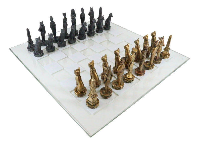 Ebros Egyptian Gods Monuments King Tut & Nefertiti Chess Pieces With Glass Board Set