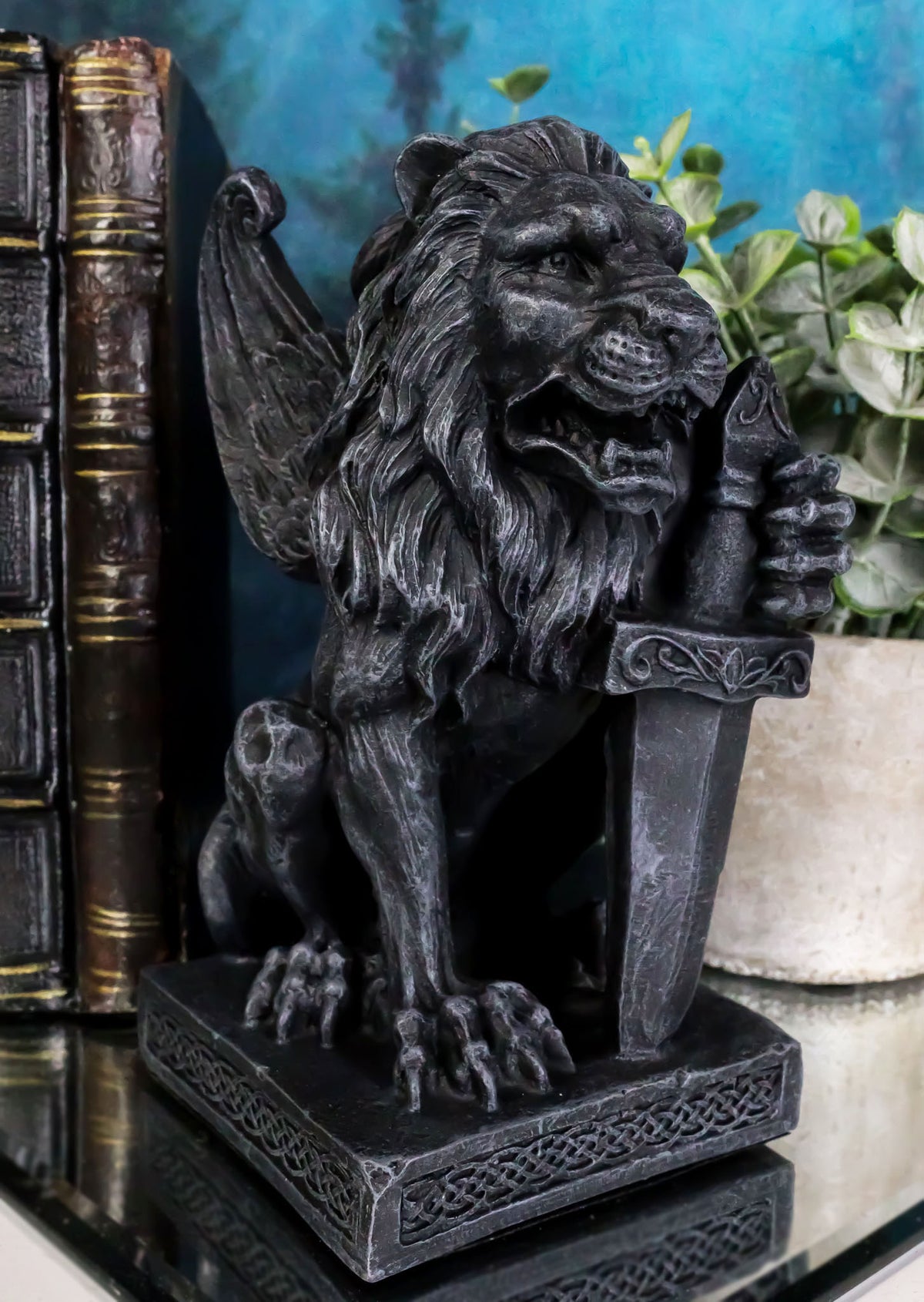 Ebros Stoic Notre Dame Sword Bearer Lion Heart Gargoyle On Pedestal Figurine 6"H