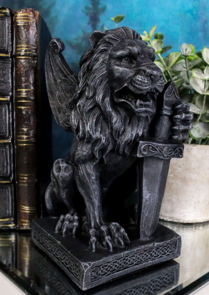 Ebros Stoic Notre Dame Sword Bearer Lion Heart Gargoyle On Pedestal Figurine 6"H