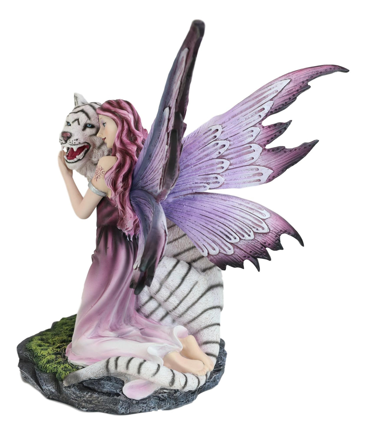 Large Lavender Fairy Embracing Siberian White Tiger Statue Fantasy Home Decor