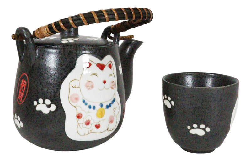 Ebros Japanese Maneki Neko Cat Black Tea Set Pot and Cups Serves 4 Ceramic Decor
