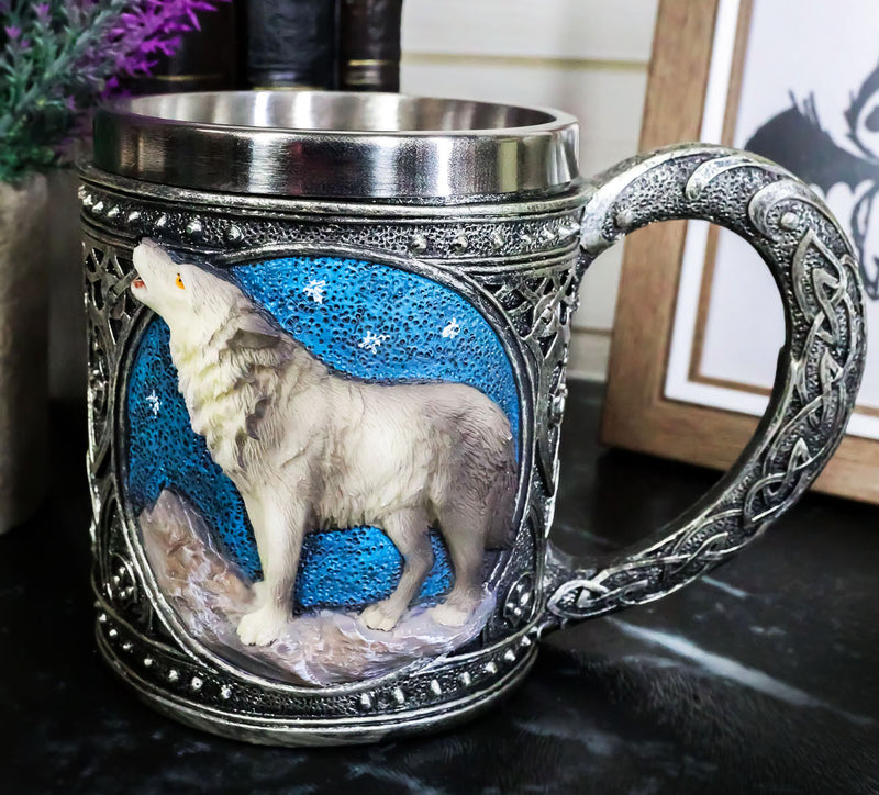 Celtic Howling Direwolf Gray Wolf At Starry Night Mountains Coffee Mug 14oz