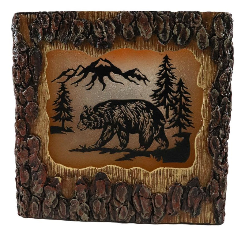 Rustic Pine Forest Black Bear Faux Carved Wood Bark Night Light Lamp Sculpture