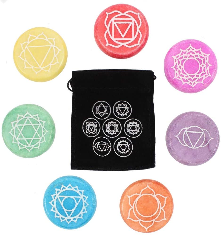 Ebros 7 Chakra Meditation Stones - 42 Pieces Set with Pouches and Display Case