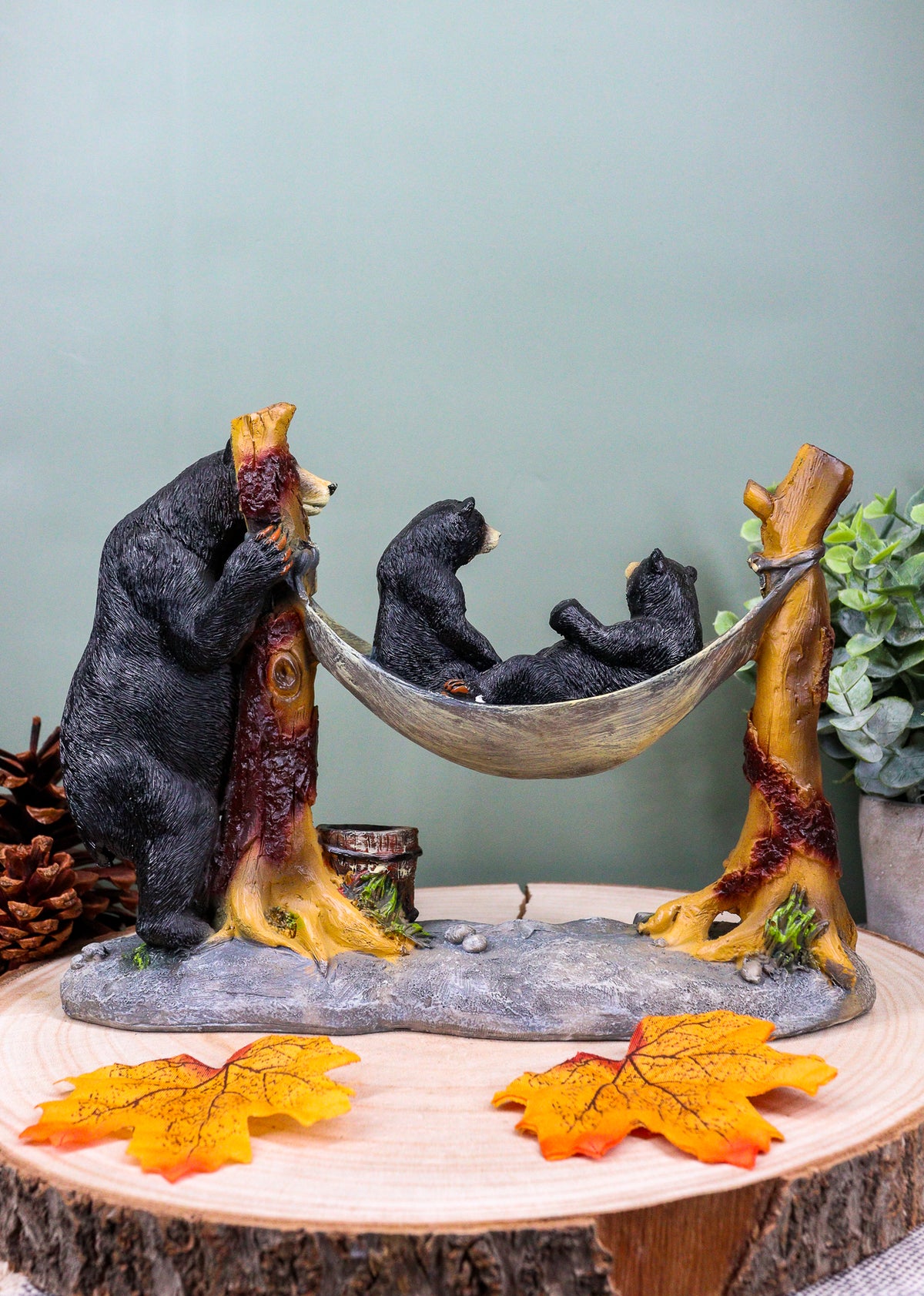 Mother Black Bear With Cubs In Outpost Camping Hammock Statue Wildlife Forest