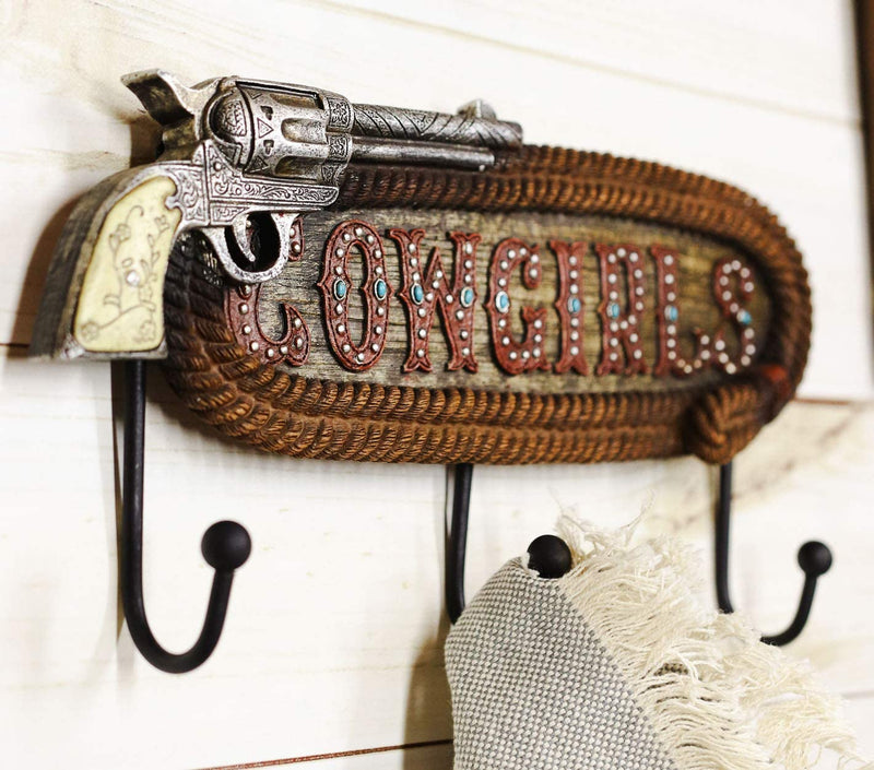 Set Of 2 Cowboy Cowgirl Signs Ropes Six Shooter Gun Pistol Wall 3 Peg Coat Hooks