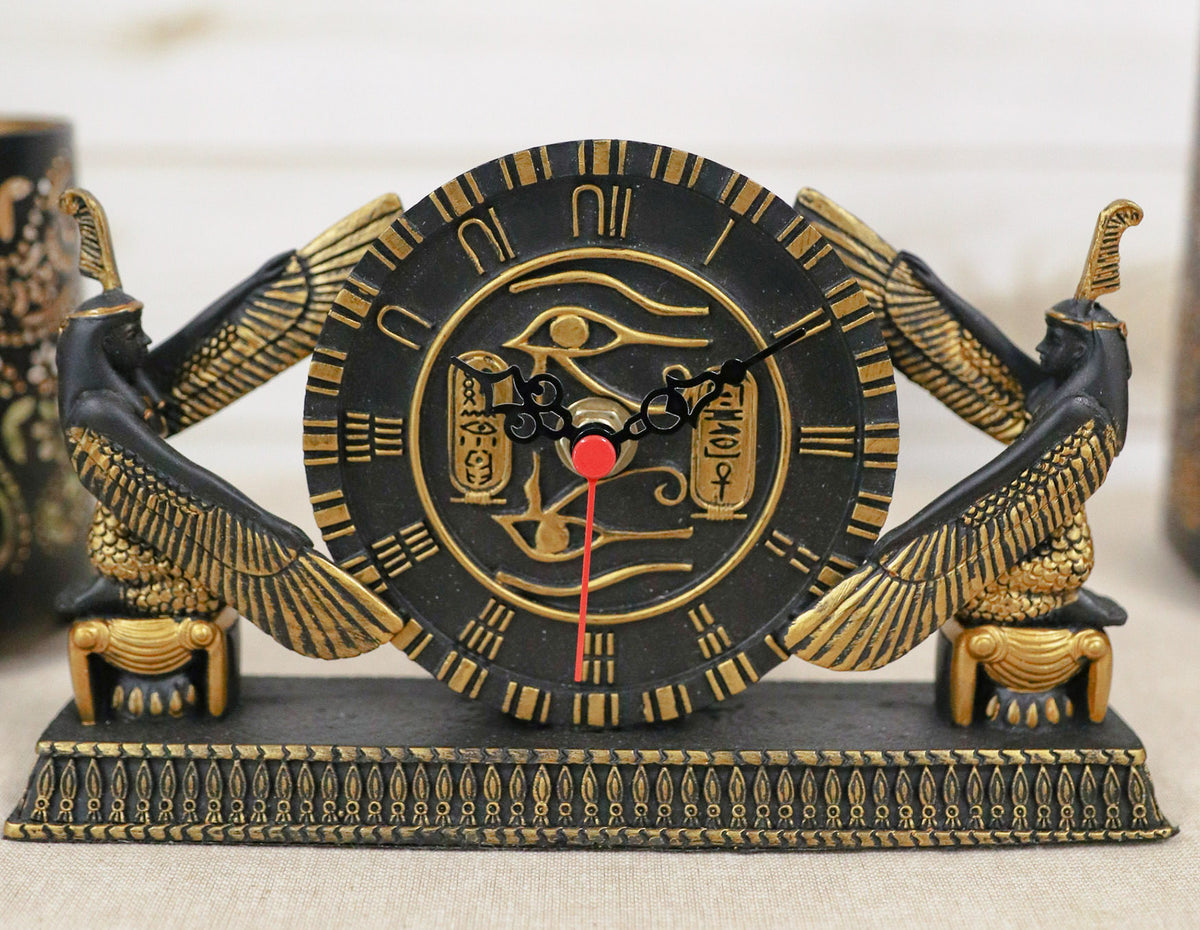 Ebros Egyptian Kneeling Goddess Maat Isis With Wedjat Table Clock Figurine 8" L