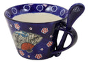 Ebros Vintage Stylish Porcelain Coffee Tea Latte Cafe Mug Cereal Drink Cup With Spoon 2pc Set 12oz Home Kitchen Decorative Mugs Cups Ceramics (Blue Oriental Fan, 1) (One Set)