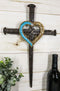 Ebros Faux Bronze Rusted Look Crucifix Driven Nails with Gold and Turquoise Heart Center Wall Cross Decor Plaque Vintage Art Hanging Sculpture 16.5" Tall
