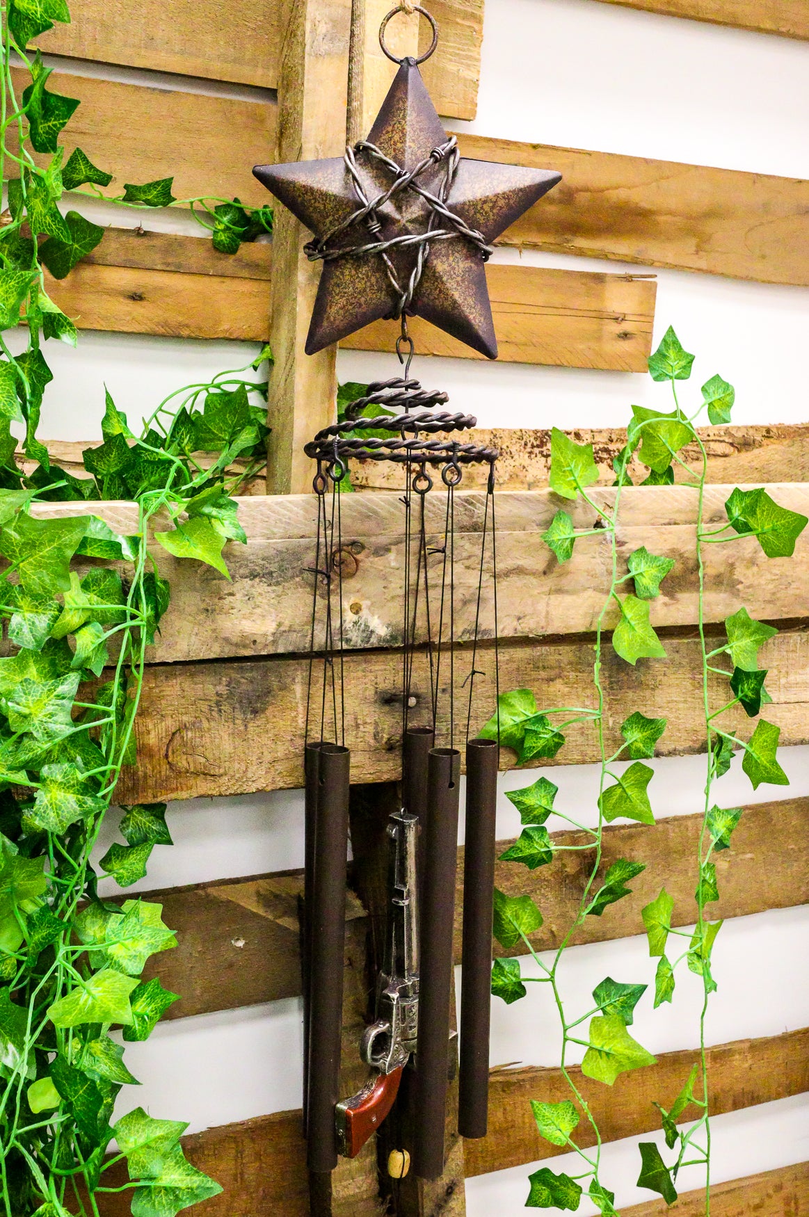 Rustic Western Lone Star With Barbed Wire Cords And Pistol Guns Wind Chime Decor