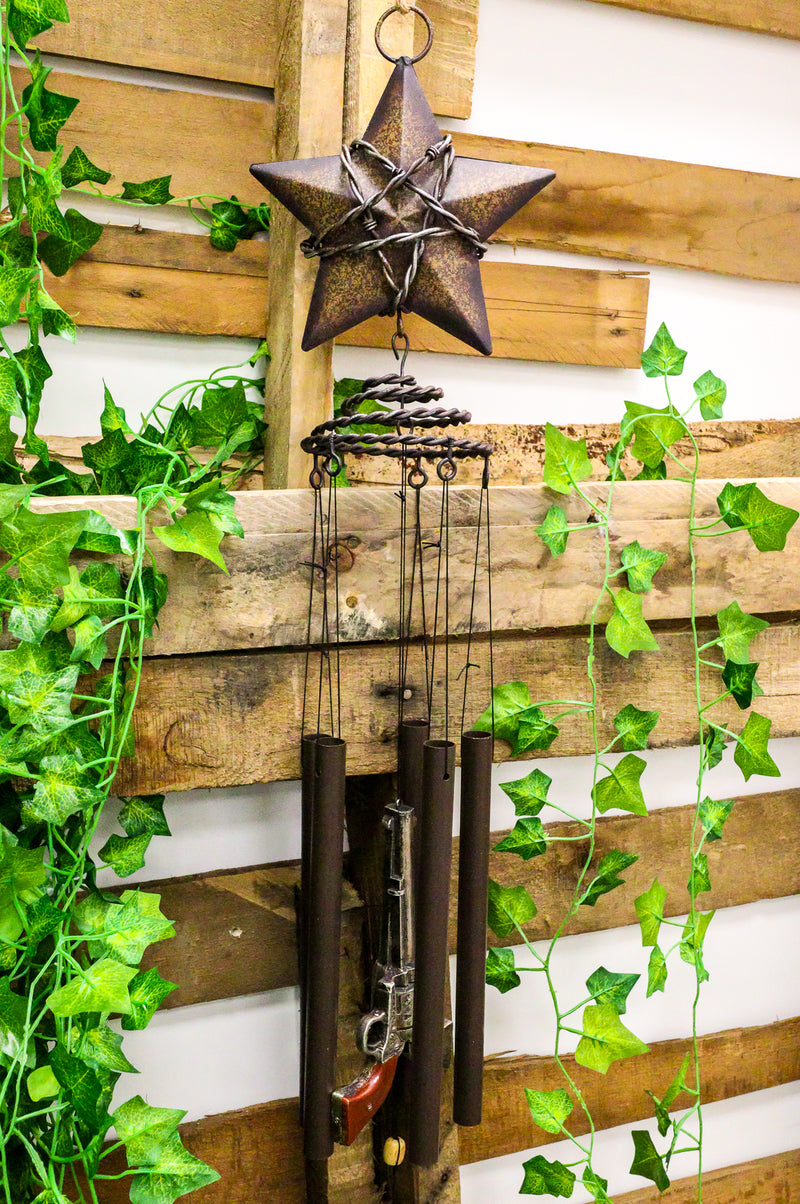 Rustic Western Lone Star With Barbed Wire Cords And Pistol Guns Wind Chime Decor