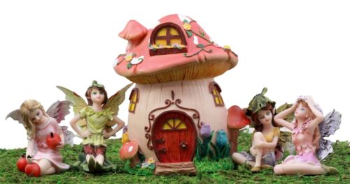 Ebros Gift Enchanted Fairy Garden Miniatures Starter Kit Fairy Cottage Landmarks with Four Mini Fairies Figurine Set Do It Yourself Ideas for Your Home (Pink Mushroom Cottage Kit)