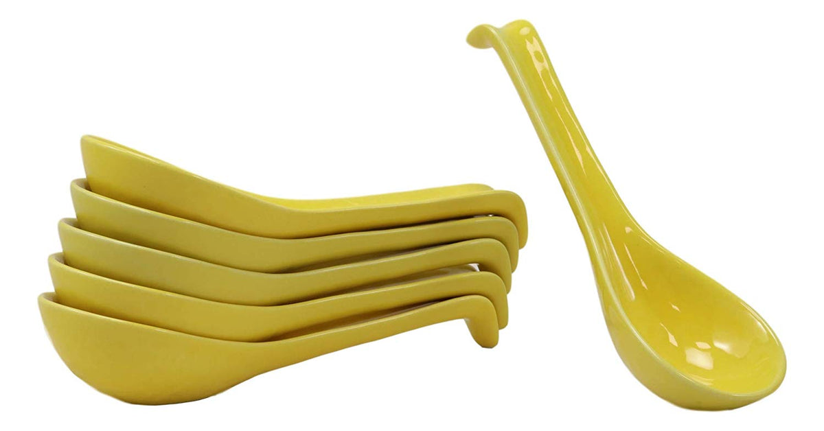 Ebros Japanese Modern Porcelain Soup Spoons With Ladle Hook Pack Of 6 (Yellow) - Ebros Gift