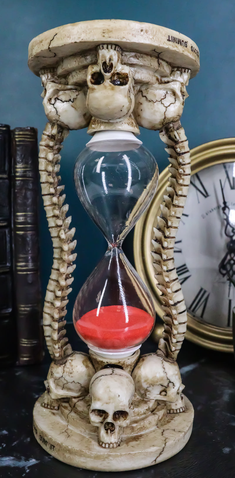 Gothic Alchemy Graveyard 4 Skulls With Skeleton Spine Bones Sand Timer Figurine