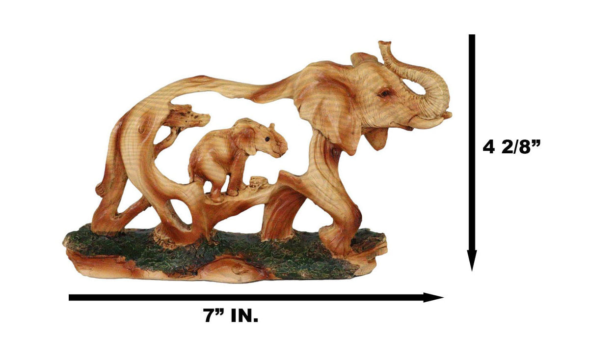 Faux Wood Elephant Family Migration Elephant Walking With Baby Calf Statue 7"L - Ebros Gift