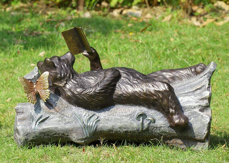 Ebros 24" Long Aluminum Whimsical Butterfly and Lazy Grizzly Bear Resting On Forest Tree Trunk Couch Reading A Book Garden Statue Rustic Wildlife Western Cabin Bears Decor Figurine - Ebros Gift