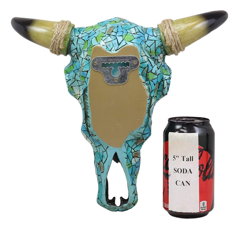 Ebros 11.5" Wide Turquoise Mosaic Steer Bison Buffalo Bull Cow Skull Head with Horns Wall Mount Decor Artistic Replica Native Animal Totem Bust Skulls Hanging Mounted Plaque Sculpture - Ebros Gift