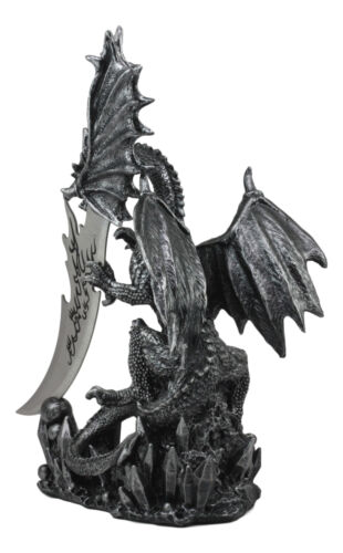 Large Dreamwork Fantasy Obsidian Dragon Statue With Fire Dagger Letter Opener