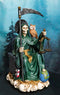 Seated Green Santa Muerte With Scythe Scales of Justice And Wise Owl Figurine 9"