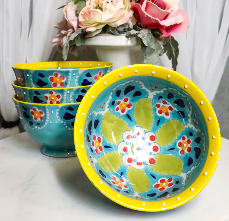 Ebros Set of 4 Luxury Ottoman Style Textured Dining Bowls 5.75"Diameter Made Of Ceramic Ideal For Home Decor Dinnerware & Giftware (Ocean Blue)