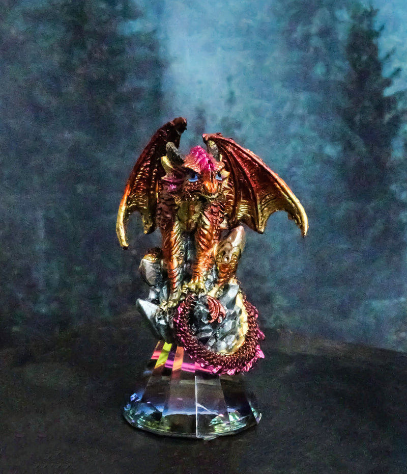 Red Iridescent Armored Rainbow Wyrmling Dragon On Faux Crystal Prism Figurine