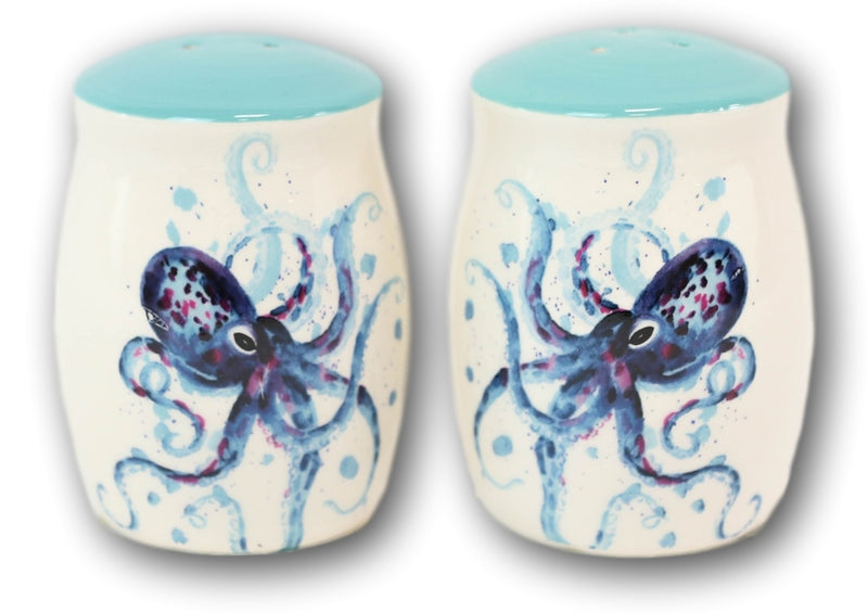 Nautical Blue Sea Octopus Splashing Bubbles Ceramic Salt And Pepper Shakers Set