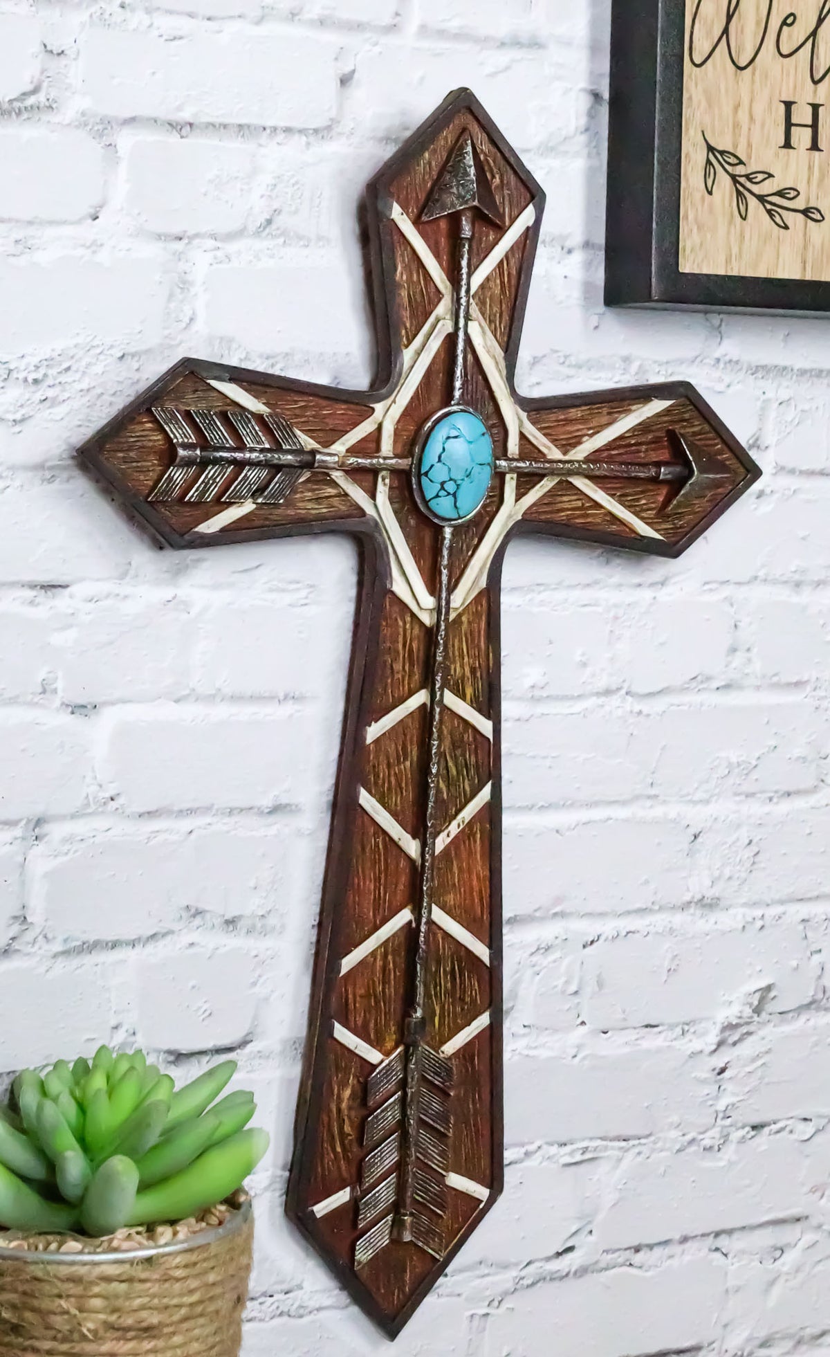 Rustic Western Boho Native Indian Arrows Turquoise Rock Faux Wooden Wall Cross