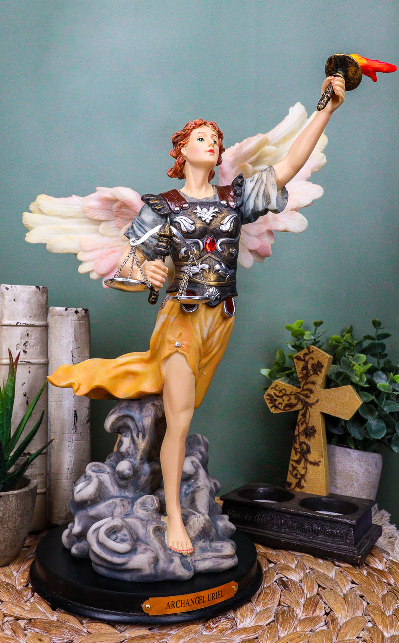 Ebros Byzantine Archangel Saint Uriel Statue with Brass Name Plate Wooden Base