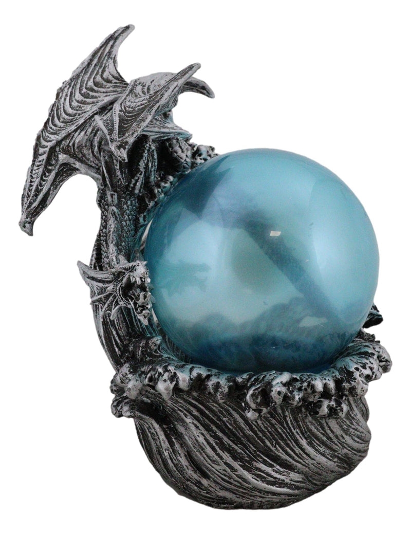 Silver Ocean Dragon Riding Tidal Sea Waves With Colorful LED Sphere Orb Figurine