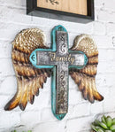 Rustic Western Scroll Art Angel Winged Family Distressed Faux Wood Wall Cross