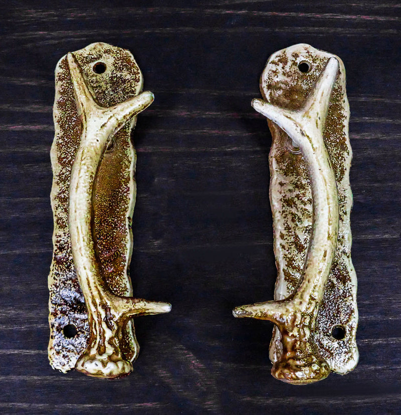 Ebros Set of 2 Western Rustic Speckled Deer Antlers Door Pull Handle Hardware Bars