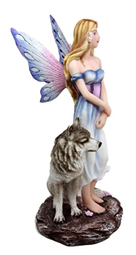 Butterfly Fairy Maiden With Alpha Wolf Guardian Decorative Figurine 9.5"H