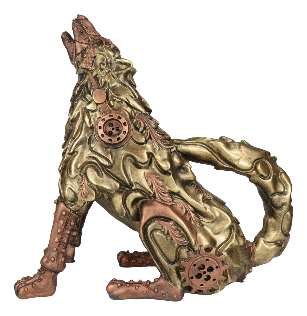 Steampunk Armor Geared Golden Robotic Alpha Wolf Howling At The Moon Statue - Ebros Gift